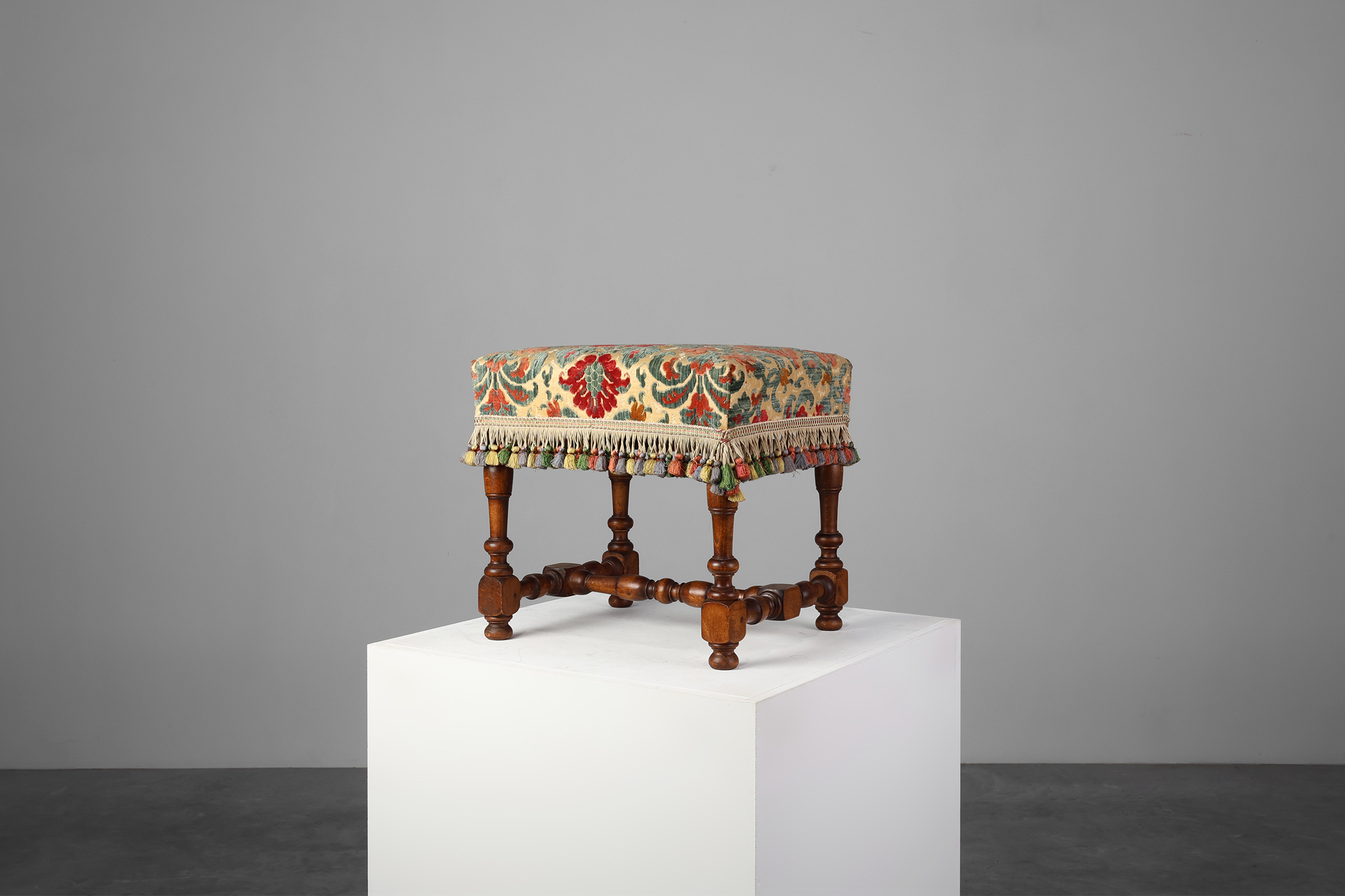 Antique Wood and Fabric Ottoman, France, 1890sthumbnail
